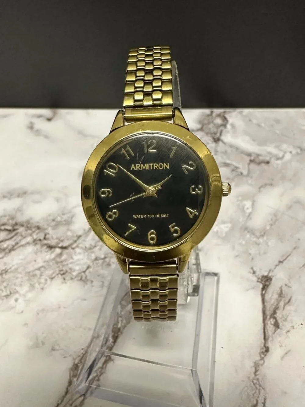Armitron Watch Women Gold Tone Black Dial Stretch Band New Battery 6.75 Inch